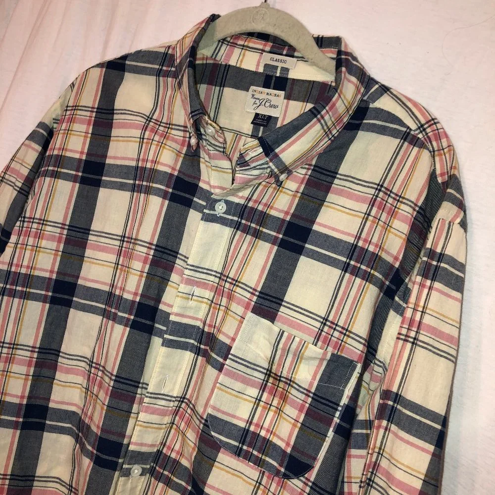 J. Crew Indian Madras woven blue pink plaid button down shirt XLT